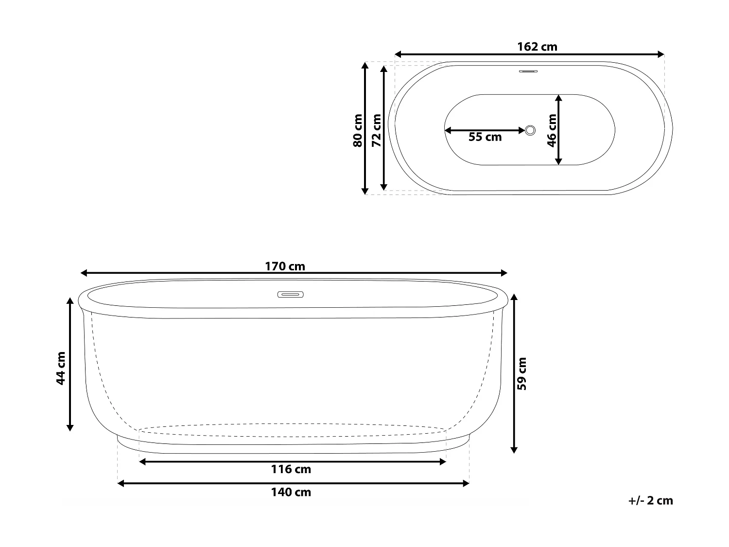 Moderne Acryl Badewanne oval freistehend schwarz mit Überlauf 170 x 80 cm Pinel