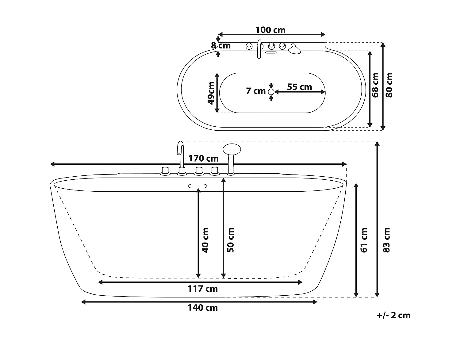 Acryl Badewanne oval freistehend weiß mit Armatur Überlauf 170 x 80 cm Rotso