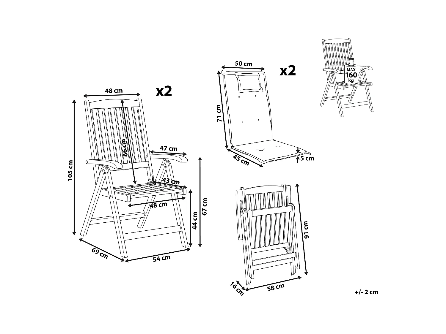 Lot de 2 chaises de jardin avec coussins JAVA Acacia Rouge foncé