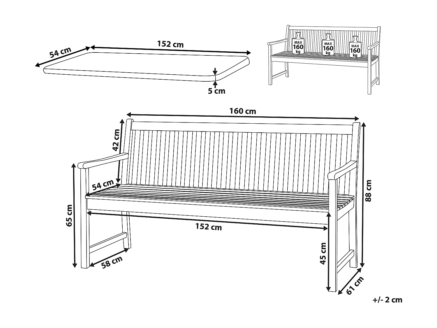 Panca da giardino con cuscino VIVARA 160 cm Legno di acacia certificato Rosso scuro