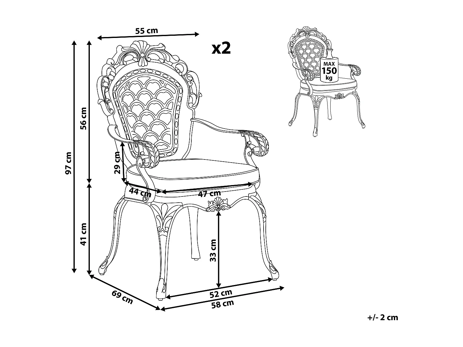 Lot de 2 chaises de jardin avec coussins LIZZANO Métal Marron foncé