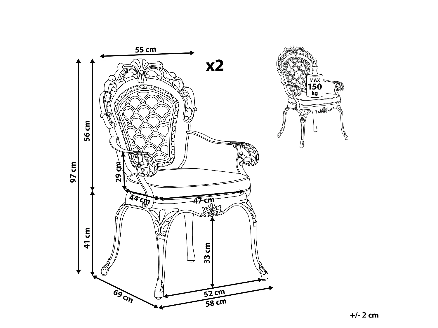 Lot de 2 chaises de jardin avec coussins LIZZANO Métal Marron foncé