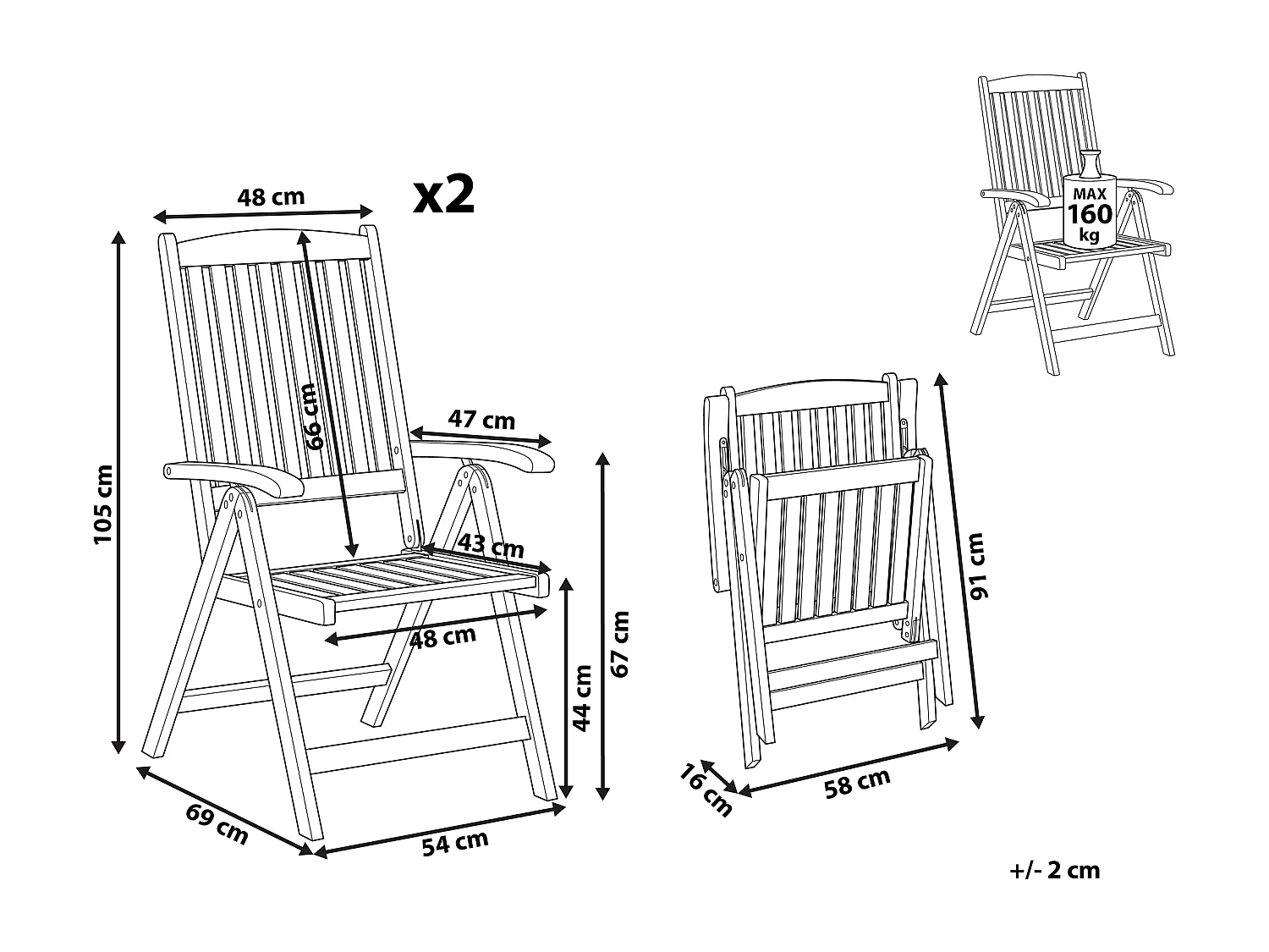 Gartenstuhl 2er Set hellbraun Akazienholz verstellbar klappbar Java