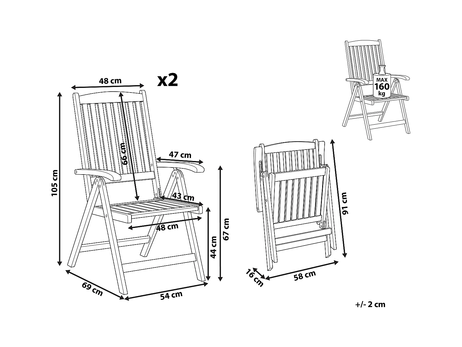 Lot de 2 chaises de jardin JAVA Acacia Marron clair