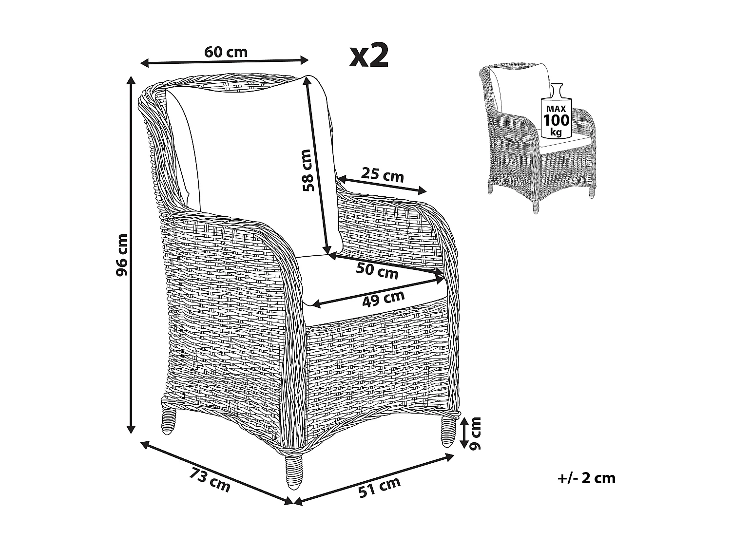 Set van 2 stoelen met zitkussen CASCAIS Grijs