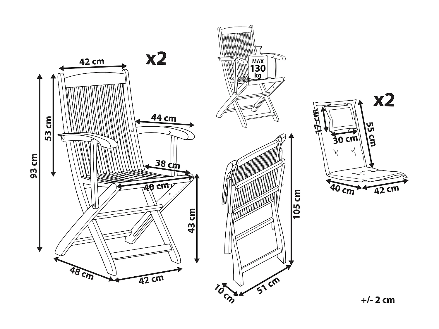 Lot de 2 chaises de jardin avec coussins MAUI Acacia Rouge foncé