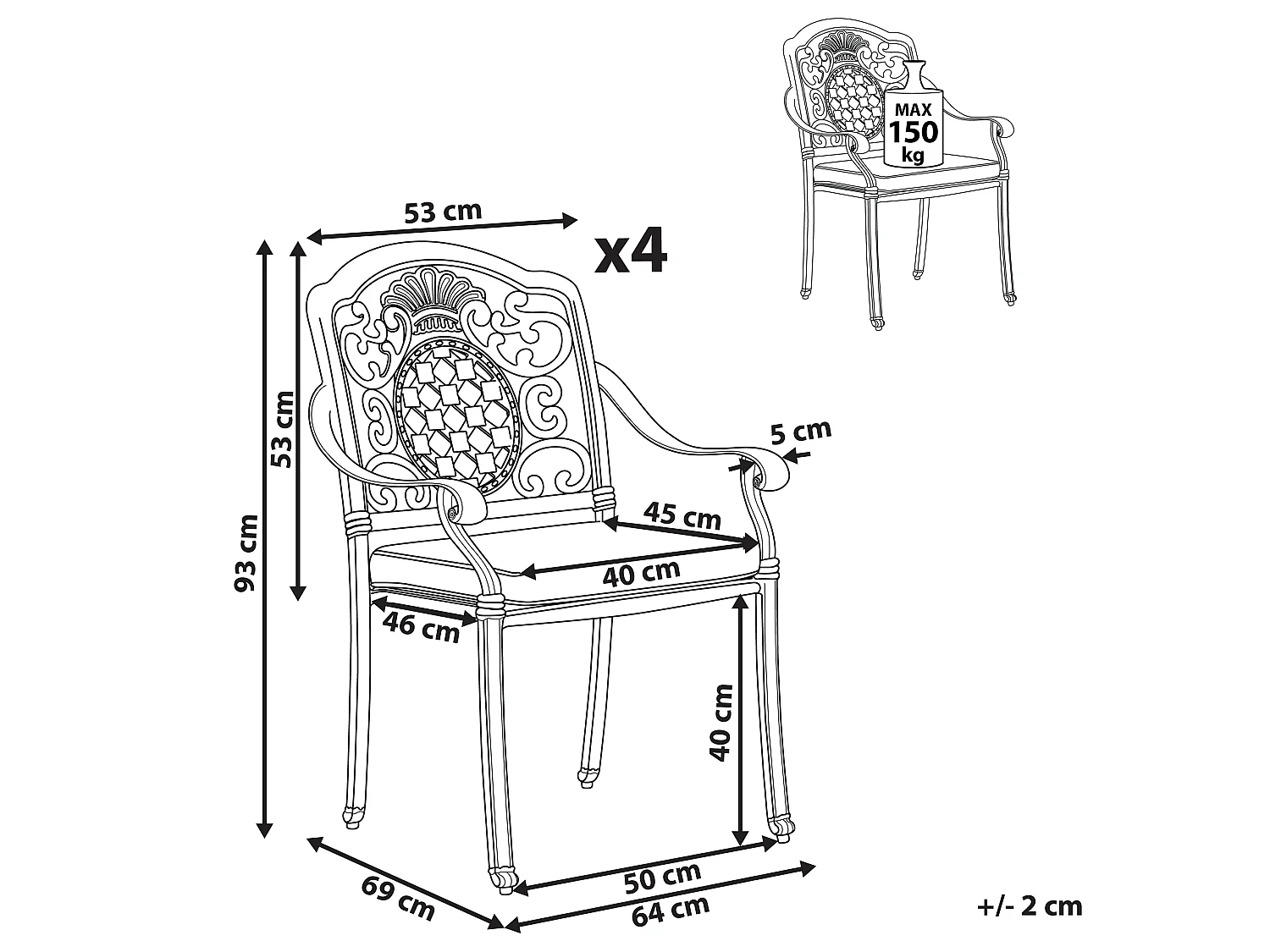 Lot de 4 chaises de jardin avec coussins SALENTO Métal Marron foncé