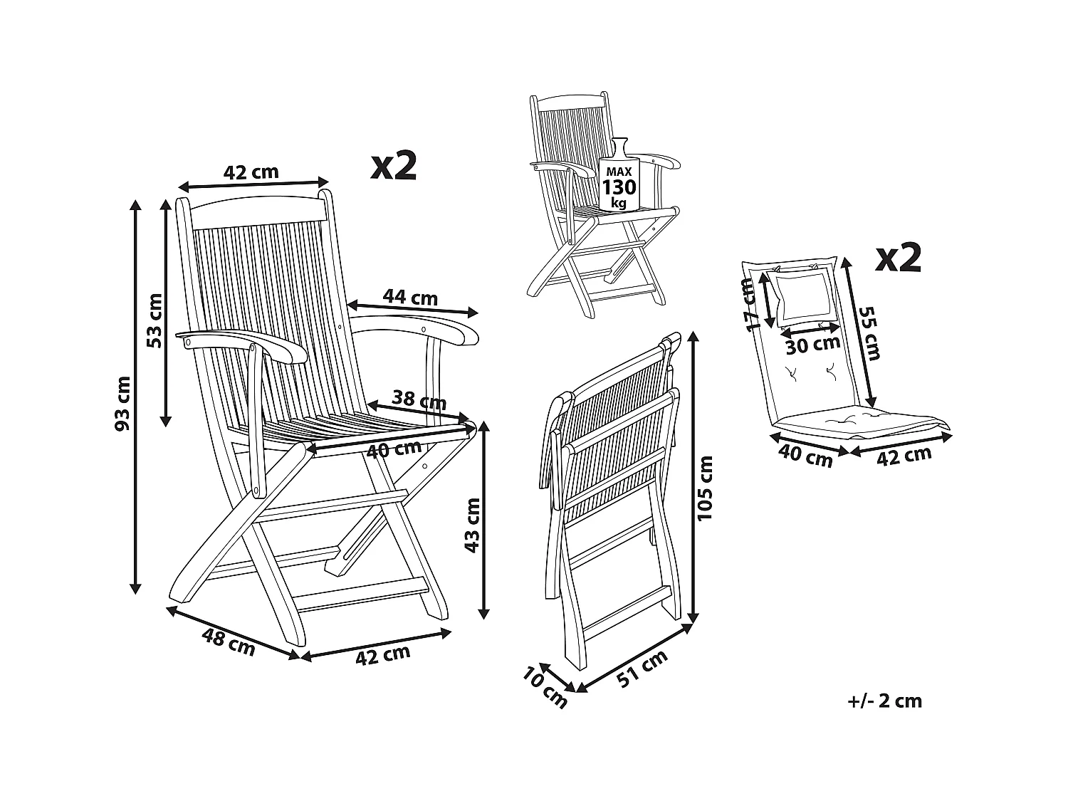Lot de 2 chaises de jardin avec coussins MAUI Acacia Gris graphite