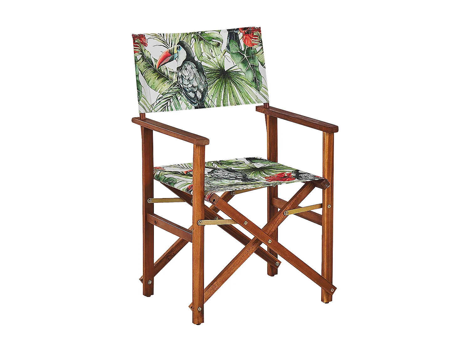 Zwei Gartenstühle dunkles Akazienholz Textil grau / bunt Tukanmotiv Cine