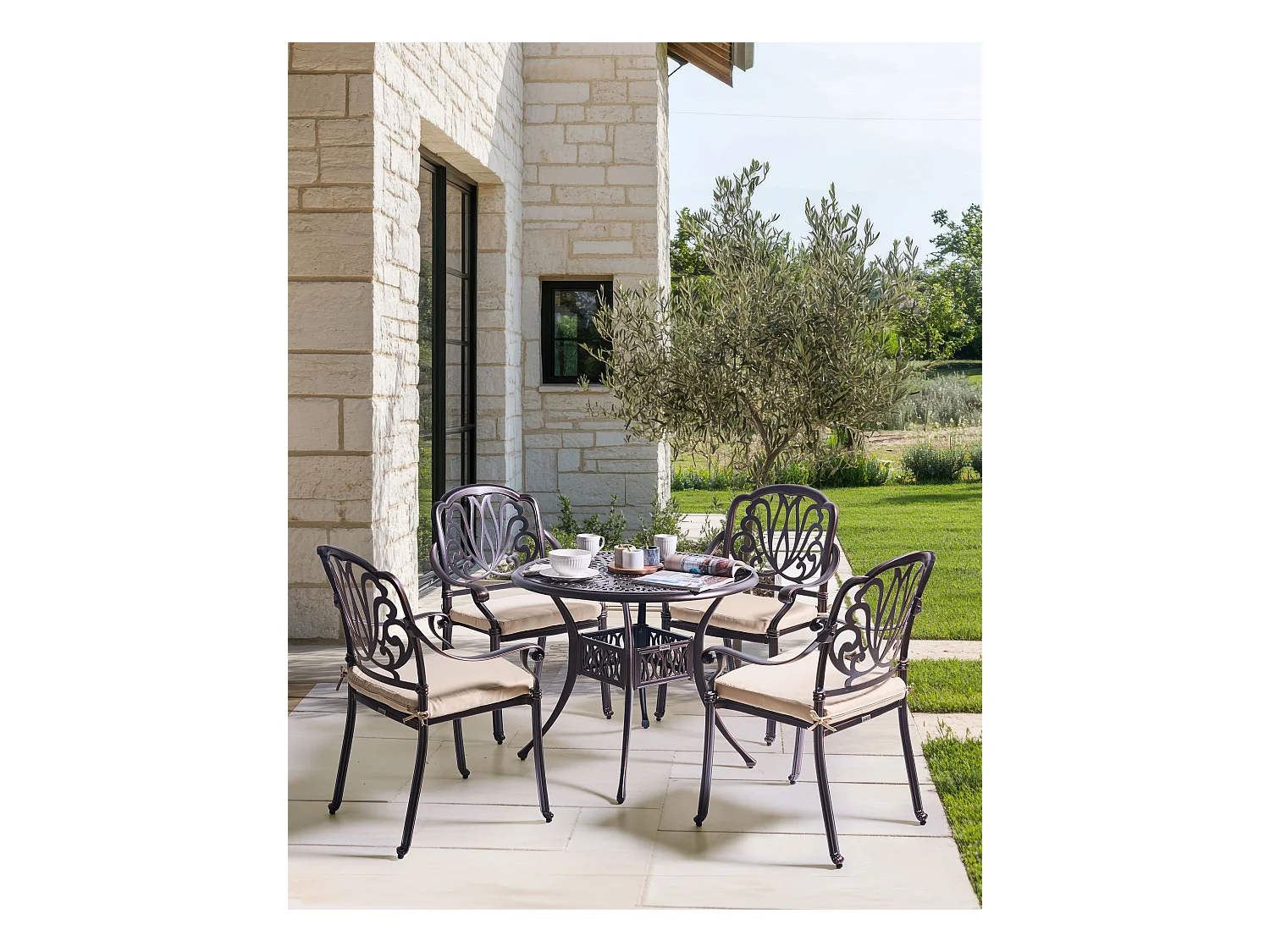 Lot de 4 chaises de jardin avec coussins ANCONA Métal Marron foncé