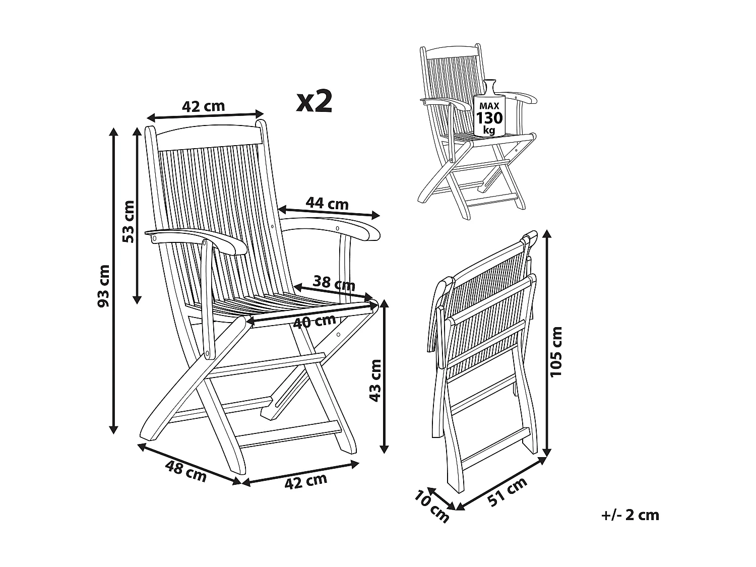 Lot de 2 chaises de jardin MAUI Acacia Marron clair