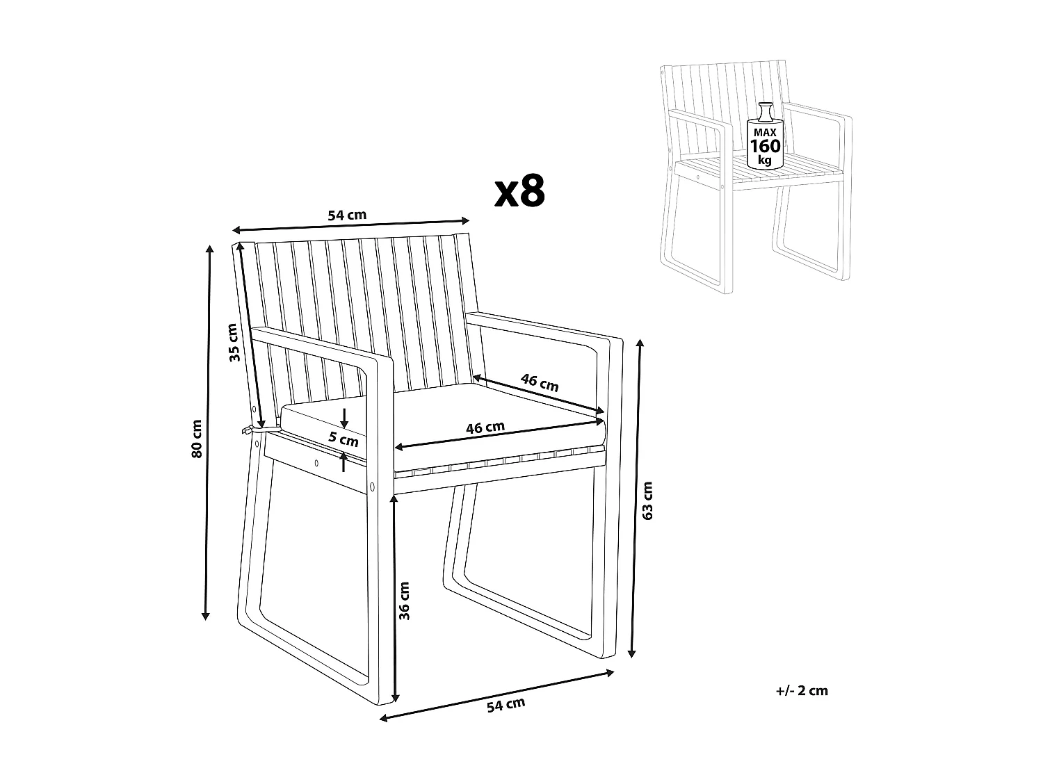 Lot de 8 chaises de jardin avec coussins SASSARI Acacia Gris
