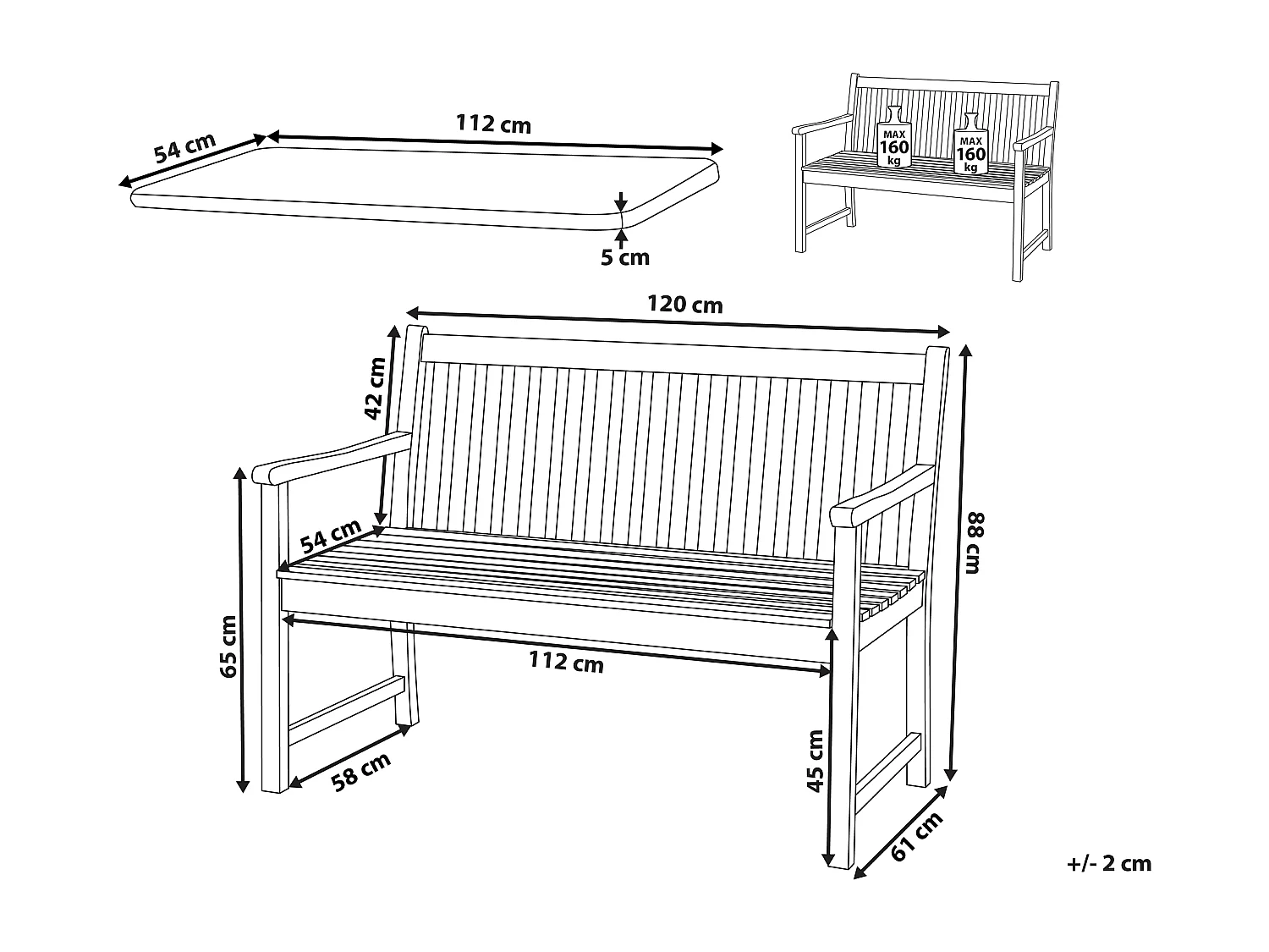 Banc avec coussin d'assise VIVARA 120 cm Bois d'acacia certifié Bleu marine