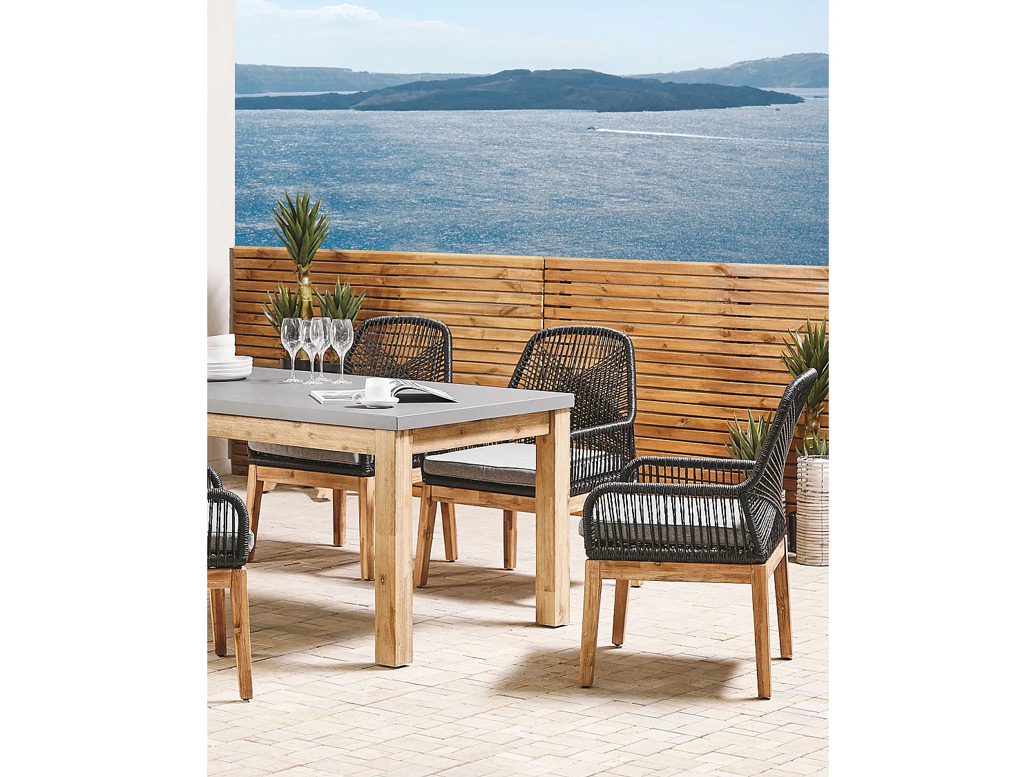 Moderne Gartenstühle aus Geflecht und Akazienholz 2er Set Schwarz Olbia