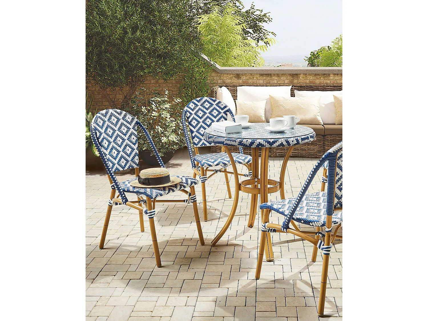 Stilvolle Rattanstühle in Blau und Weiß Beine in Holzoptik 4er Set Rifreddo