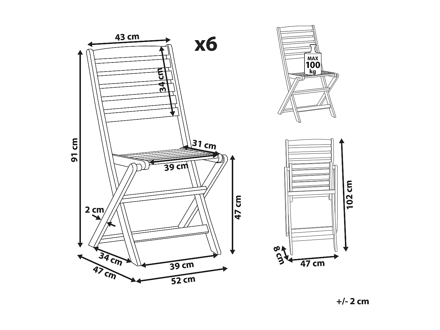 Gartenstuhl 6er Set TOLVE Akazienholz Braun