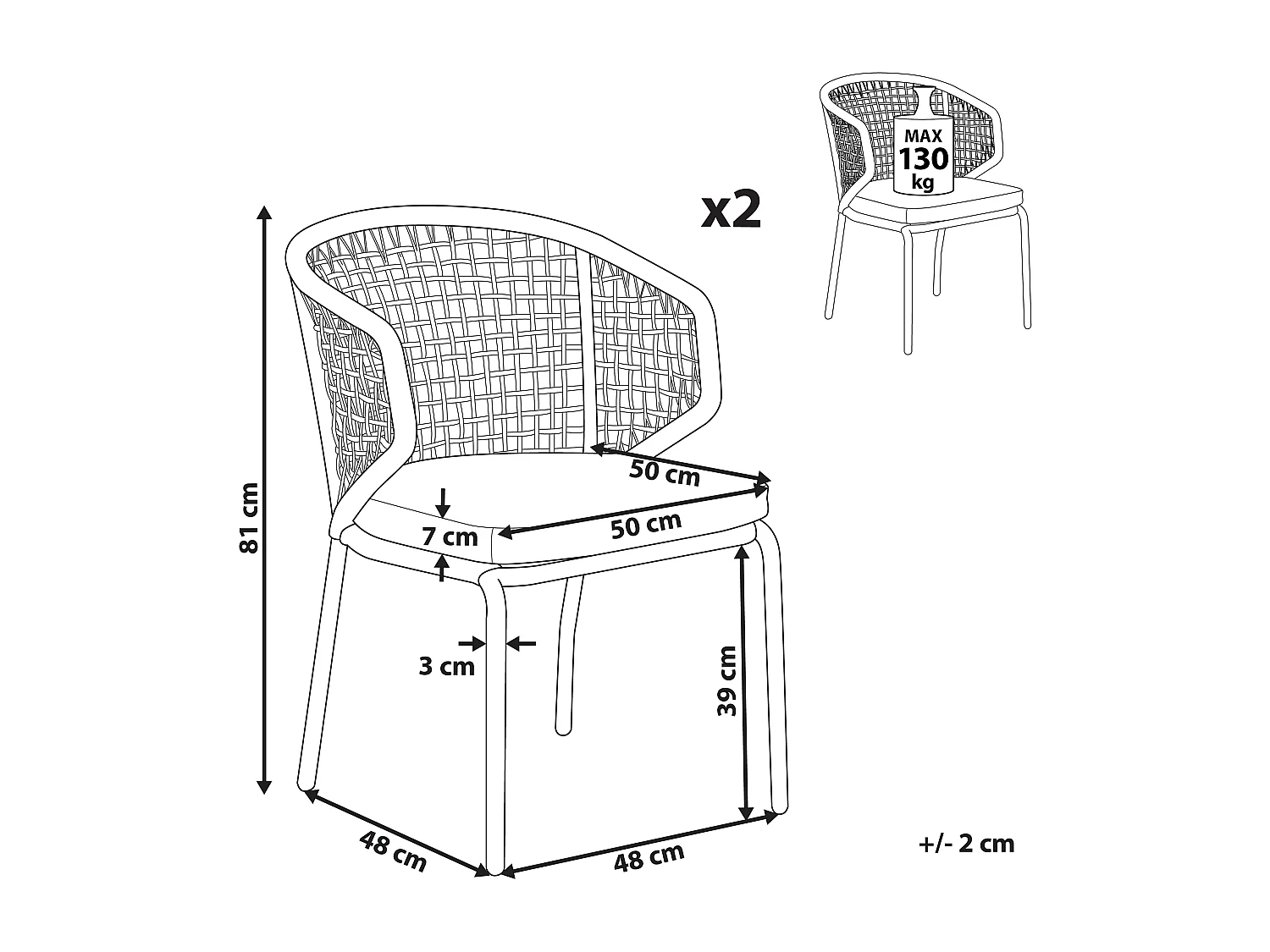 Gartenstuhl 2er Set Aluminium schwarz Flechtschnur grau Auflagen Modern Palmi