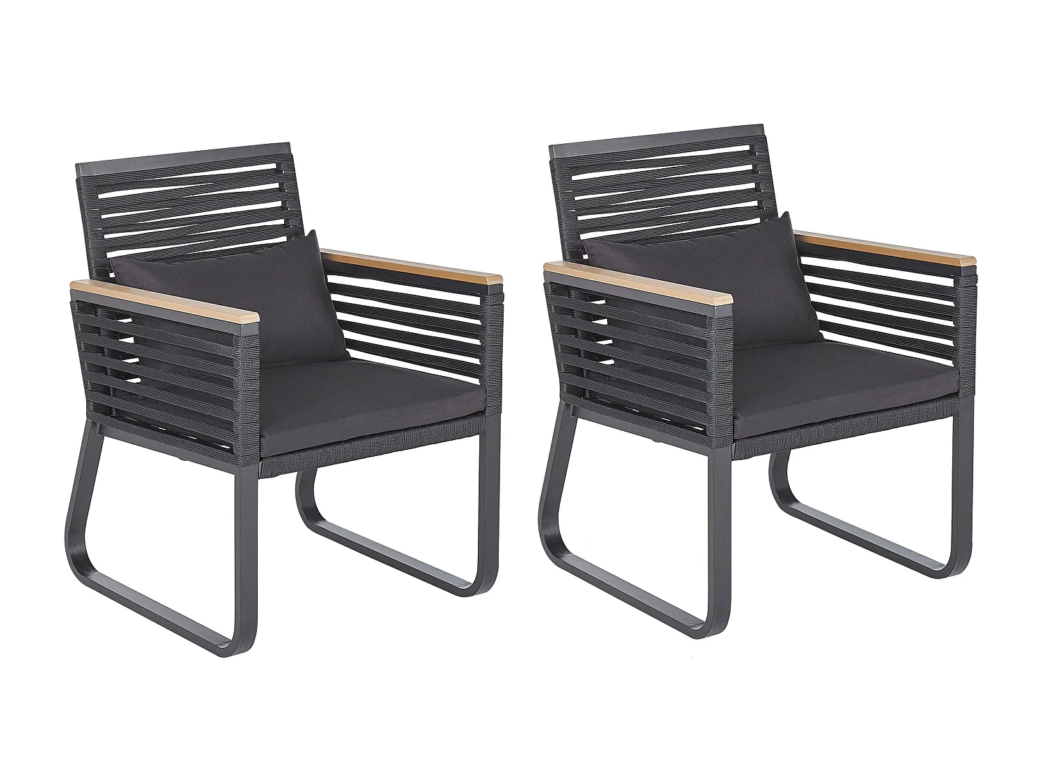 Komfortables 2er Set Gartenstühle Aluminium / Flachseil schwarz - Inklusive Polsterkissen - Stilvoll und Wetterbeständig - CANETTO