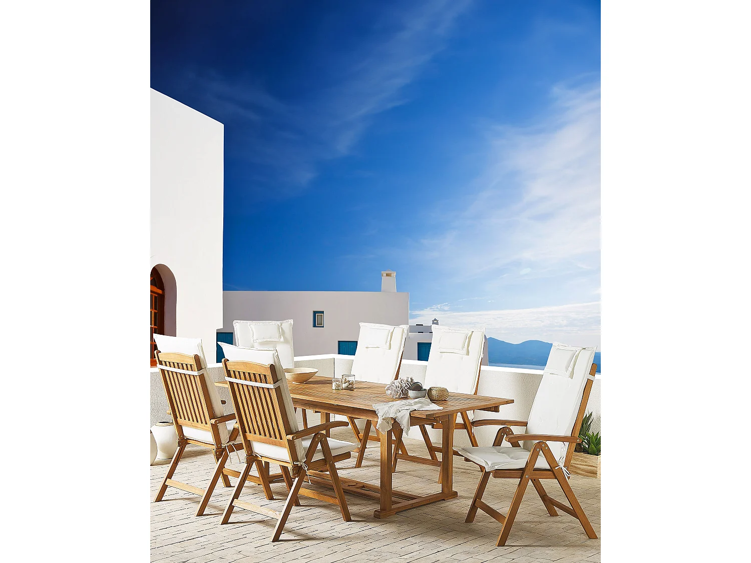 Lot de 6 chaises de jardin avec coussins JAVA Acacia Blanc cassé