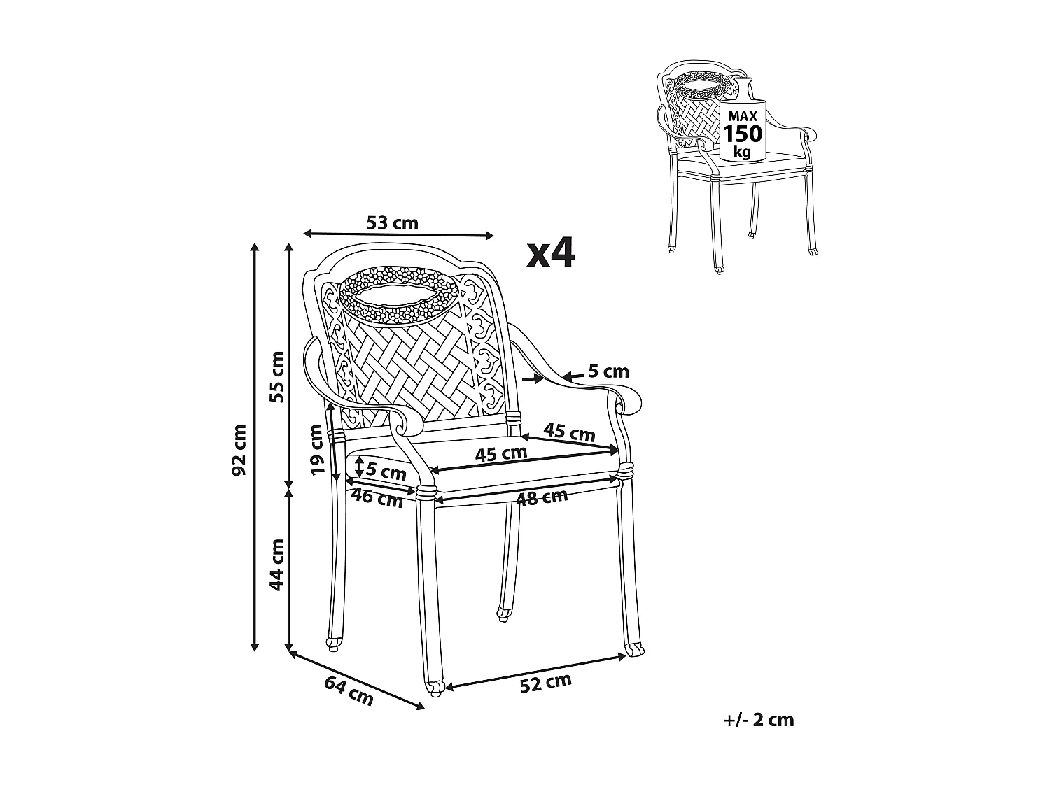 Gartenstuhl 4er Set Dunkelbraun Aluminium 4 Sitzkissen Manfria