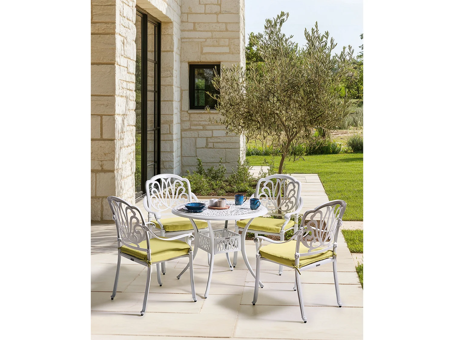 Lot de 4 chaises de jardin avec coussins ANCONA Métal Blanc cassé