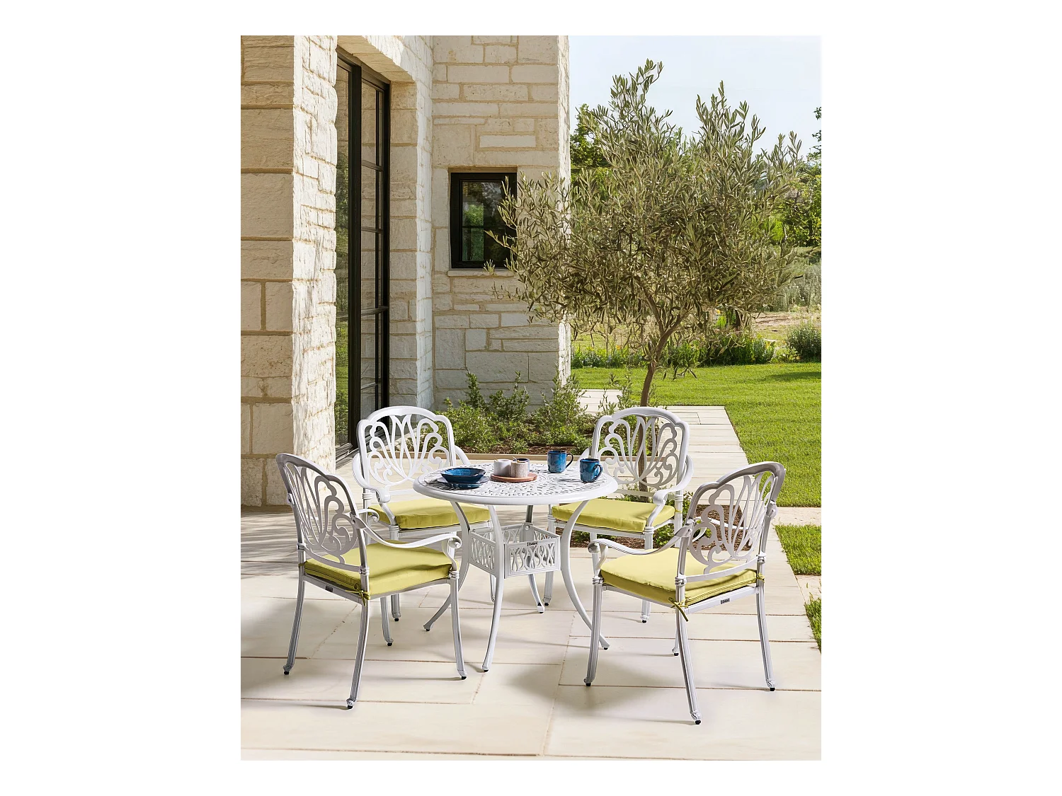 Gartenstuhl 4er Set Aluminium creme weiß mit Sitzkissen verschnörkelt Ancona