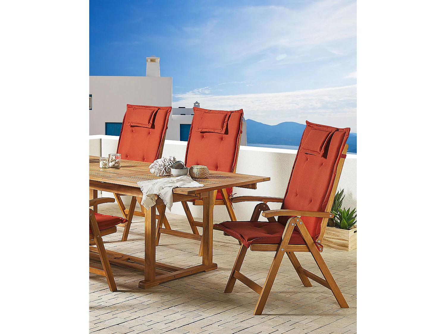 Lot de 6 chaises de jardin avec coussins JAVA Acacia Rouge foncé