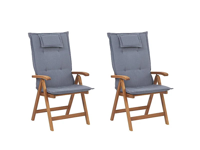 Gartenstuhl Akazienholz hellbraun 2er Set klappbar verstellbar Kissen blau Java