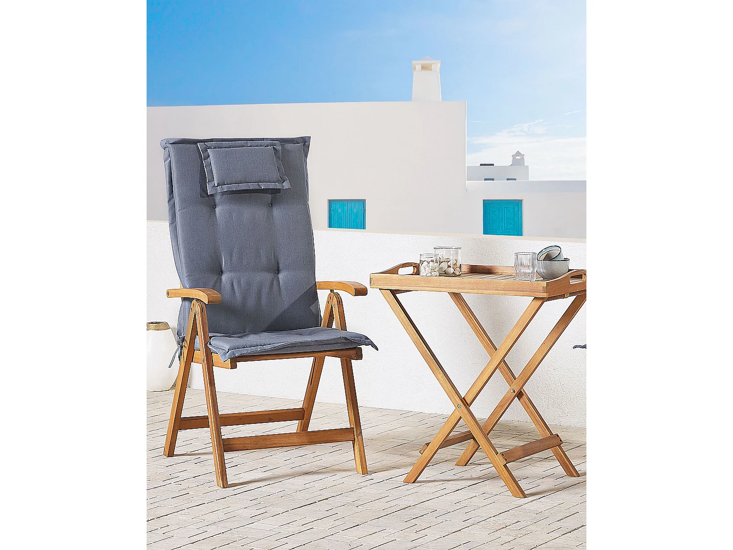 Lot de 2 chaises de jardin avec coussins JAVA Acacia Bleu