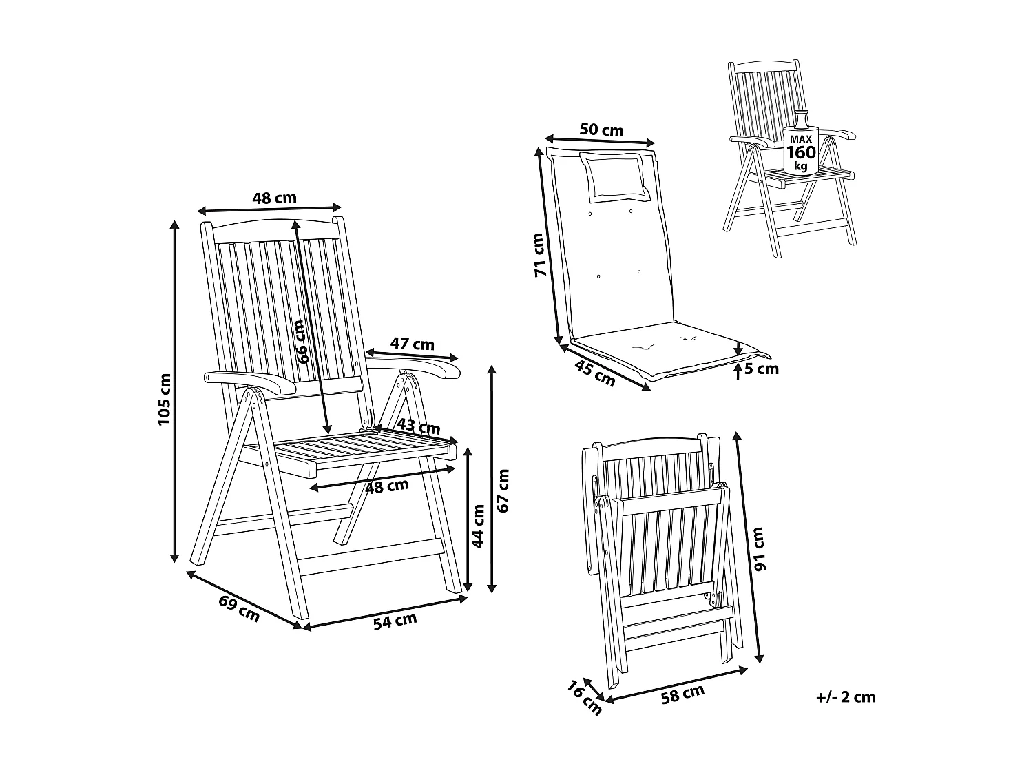 Lot de 2 chaises de jardin avec coussins JAVA Acacia Bleu