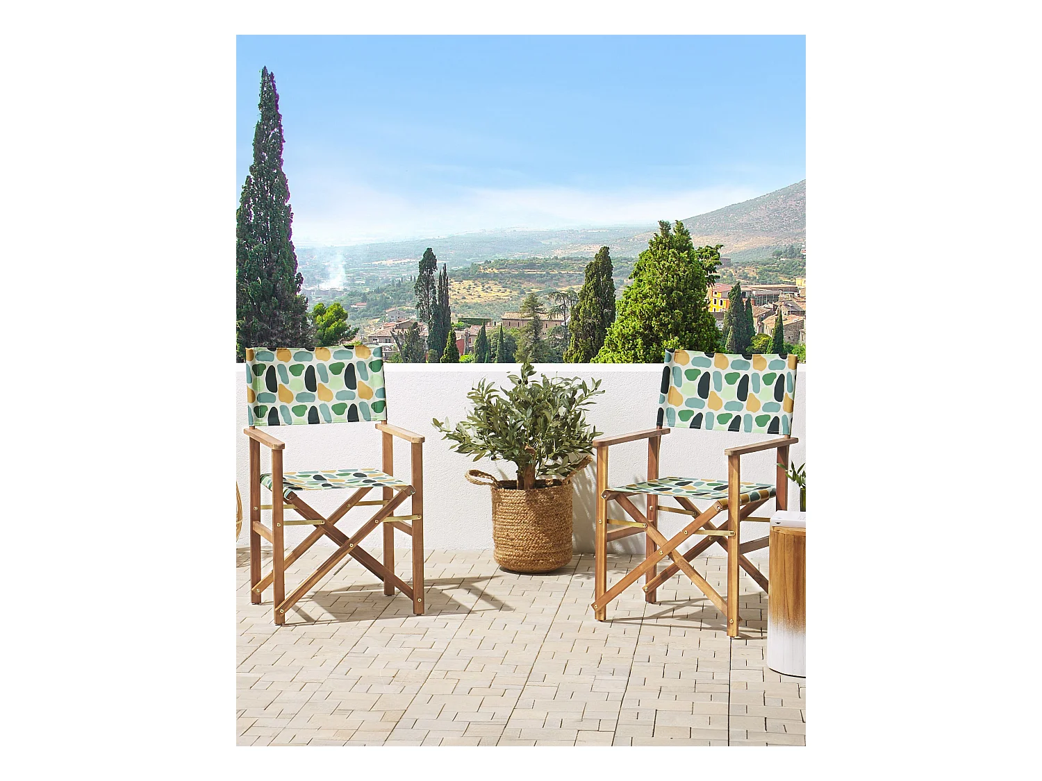 Zwei Gartenstühle helles Akazienholz Textil grau / bunt Fleckenmotiv Cine