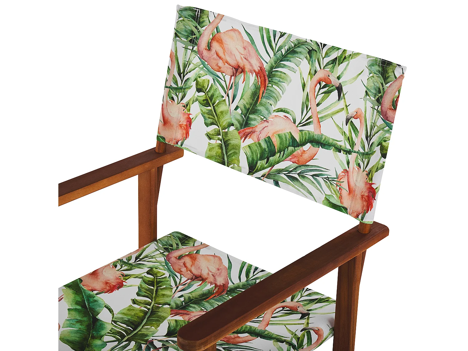 Zwei Gartenstühle dunkles Akazienholz Textil grau / bunt Flamingomuster Cine