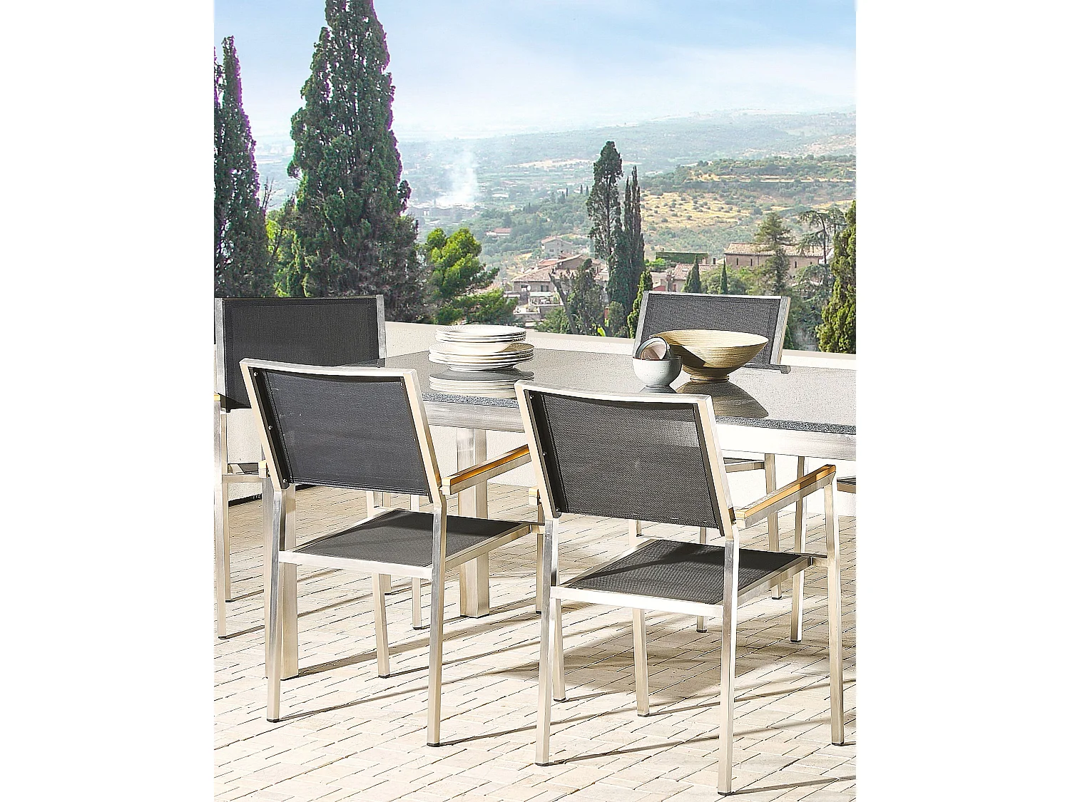 Gartenstuhl mit Armlehnen 4er Set Edelstahl Stoffbezug grau stapelbar Grosseto