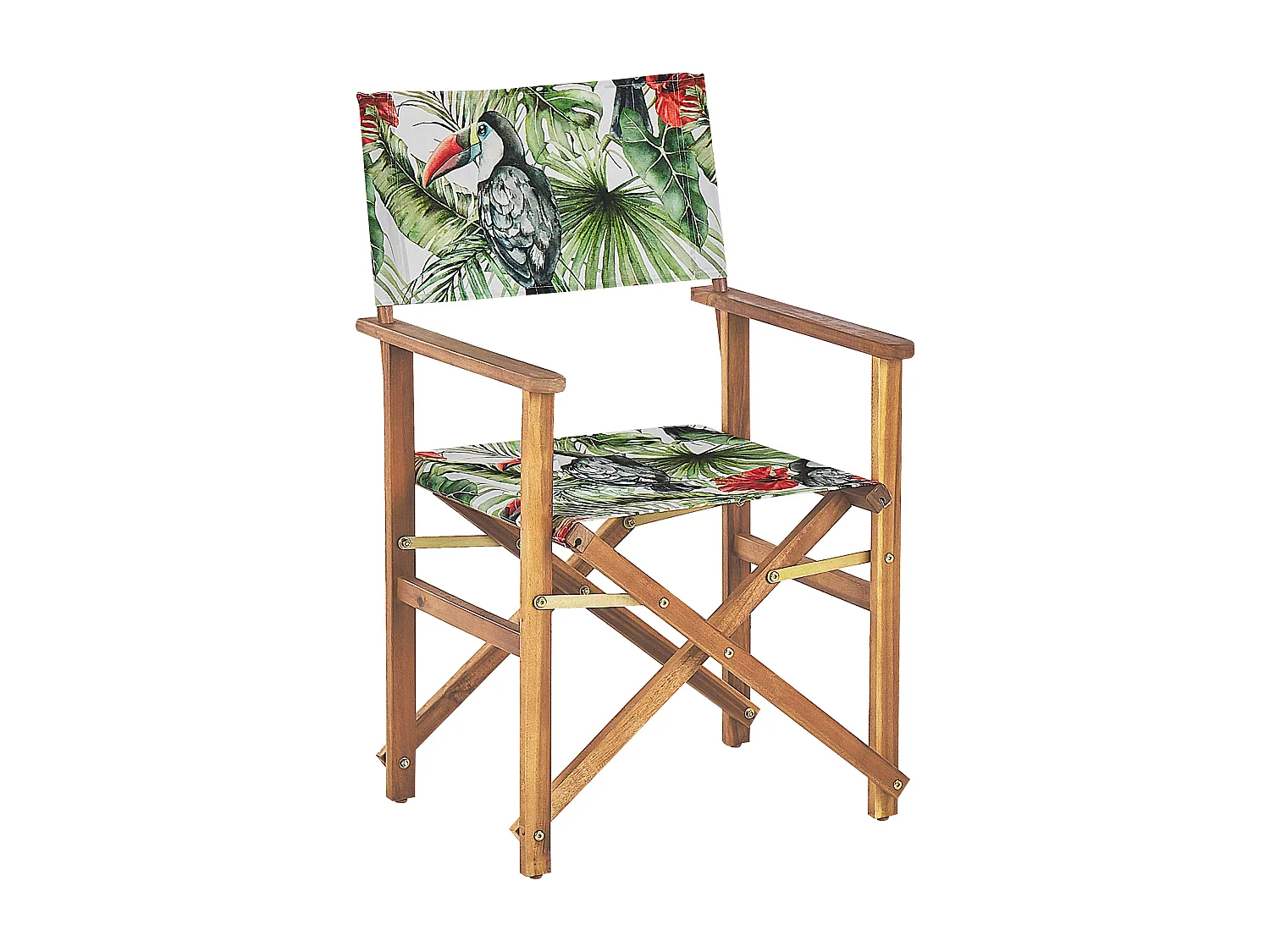 Zwei Gartenstühle helles Akazienholz Textil grau / bunt Tukanmotiv Cine