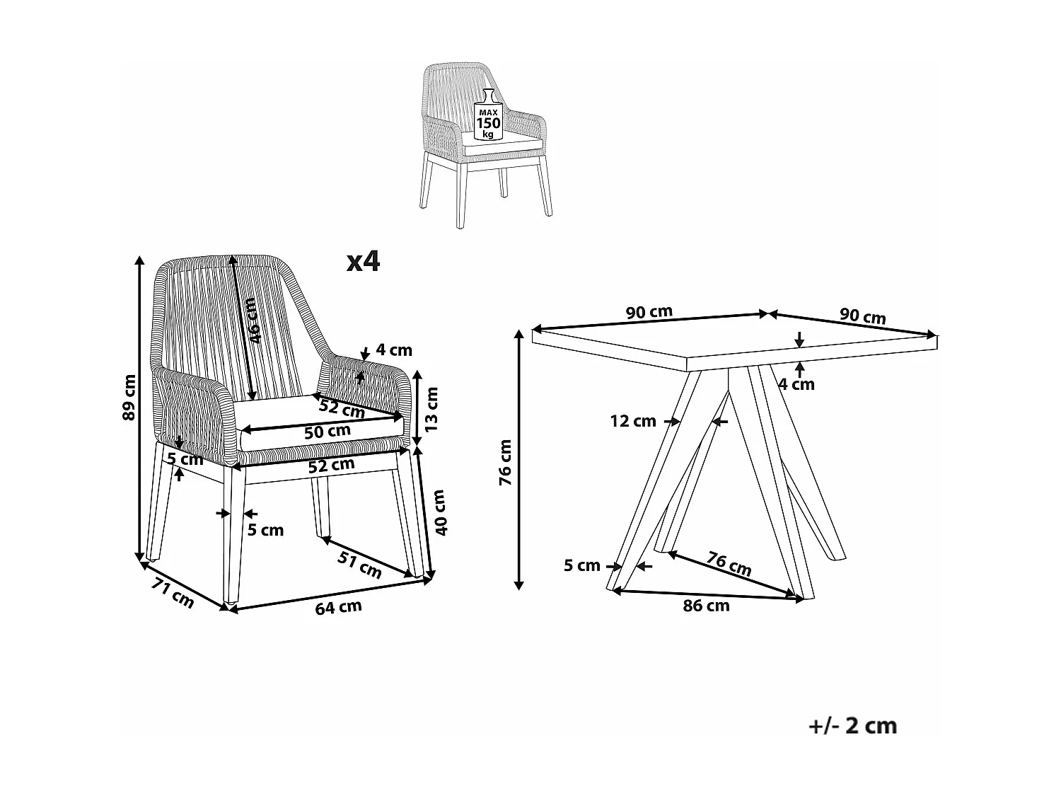 Gartenset Tisch 90x90 cm 4 Stühle grau Faserzement Akazienholz Rustikal Olbia
