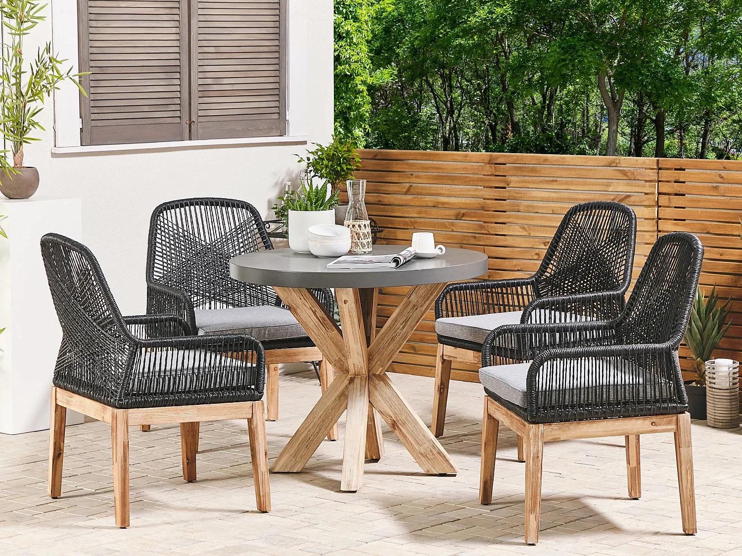 Salle à manger de jardin 4 places OLBIA avec coussins Béton Noir