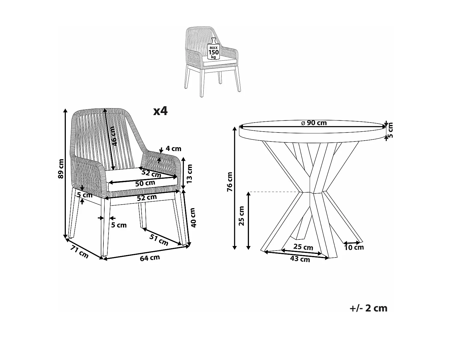 Salle à manger de jardin 4 places OLBIA avec coussins Béton Noir