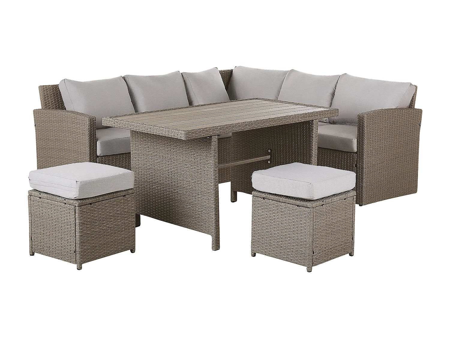 Lounge Set Rattan beige taupe Tisch zwei Hocker Auflagen grau 5-Sitzer Bardi