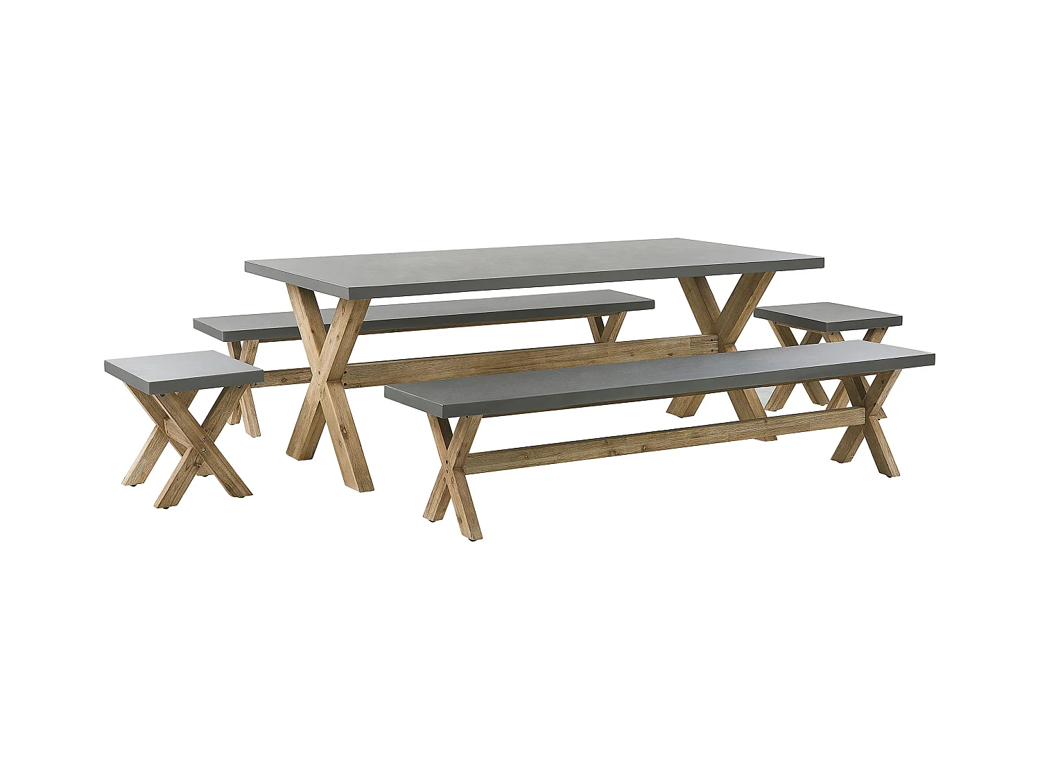 Modernes Gartenset mit Tisch 2 robuste Hocker und 2 Bänke aus Faserzement Olbia