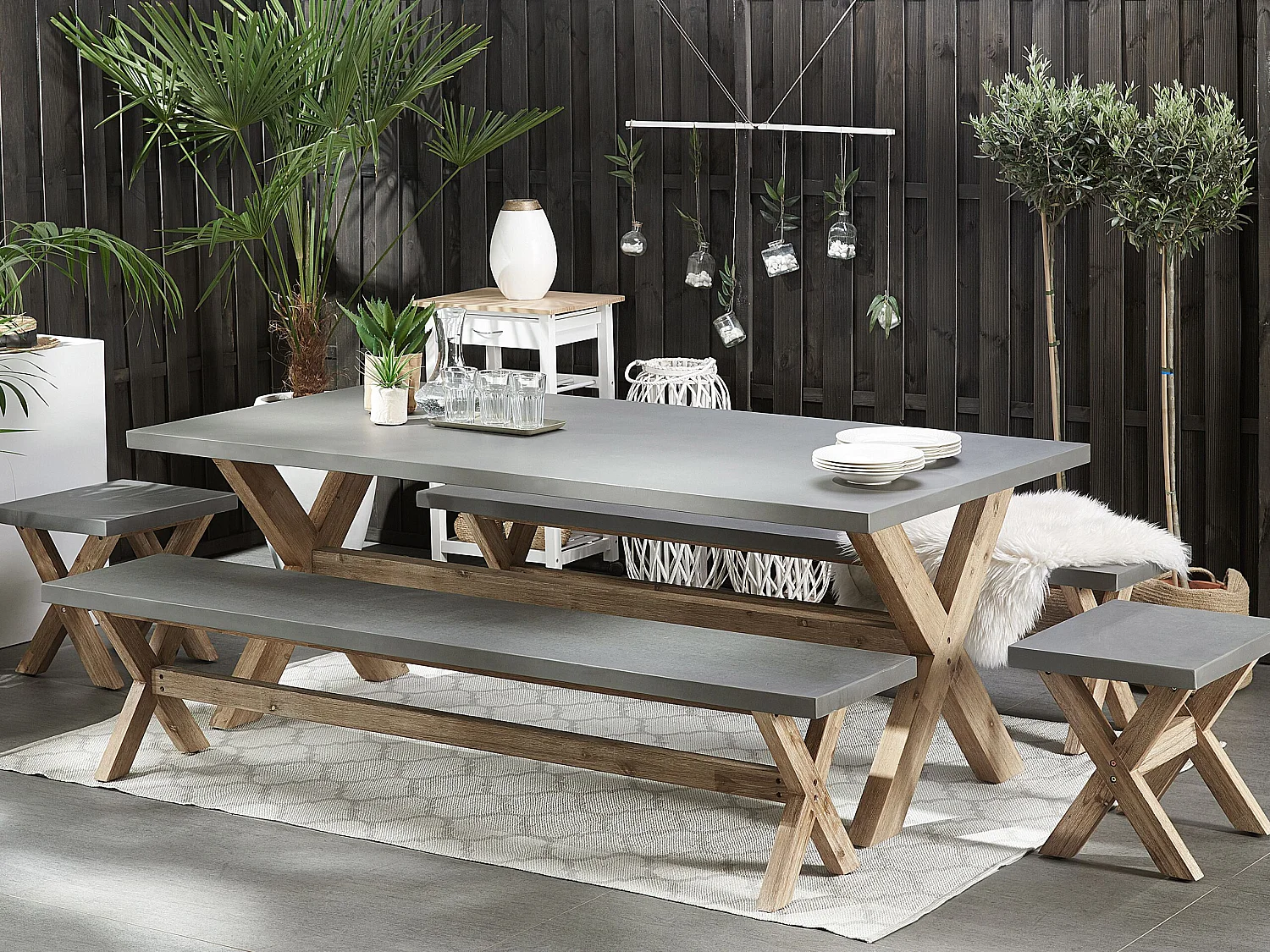 Set da pranzo da giardino con panche e sgabelli 8 posti OLBIA Cemento Grigio