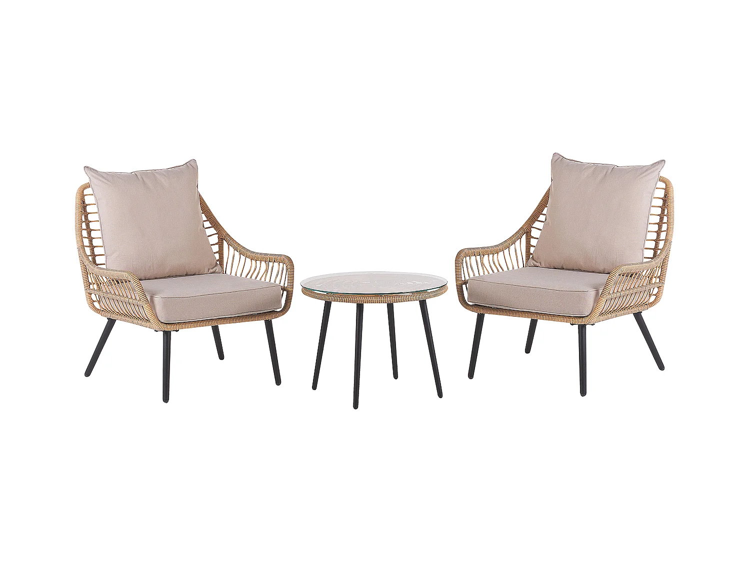 Balkonset 3-teilig Rattan natürlich 2 Stühle Couchtisch Auflagen beige Laureto