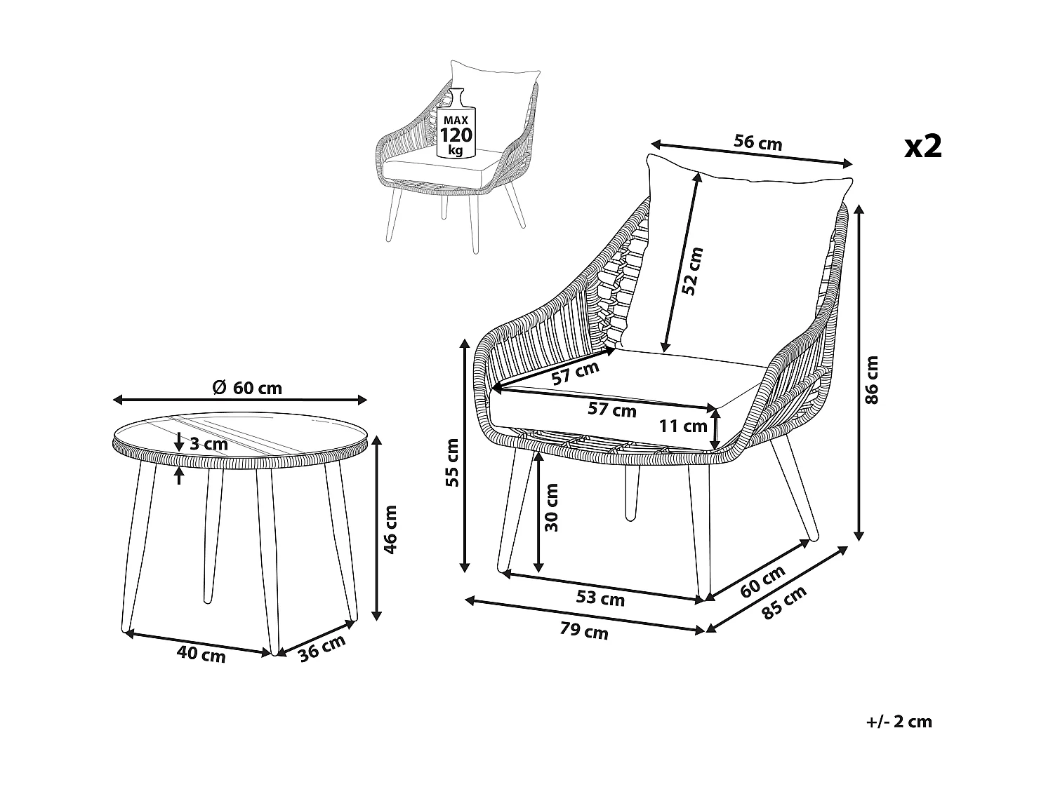 Ensemble bistrot avec coussins LAURETO Naturel