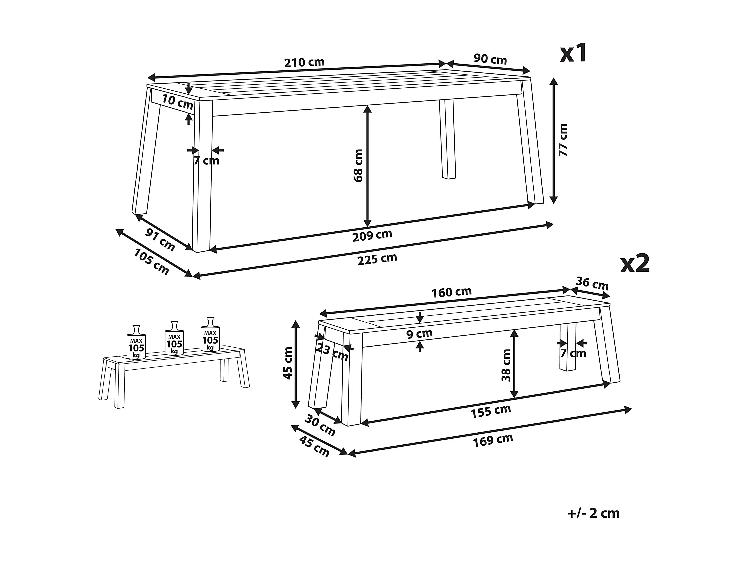 Gartenmöbel Set Akazienholz hellbraun Esstisch 210x90 cm mit 2 Bänken Livorno