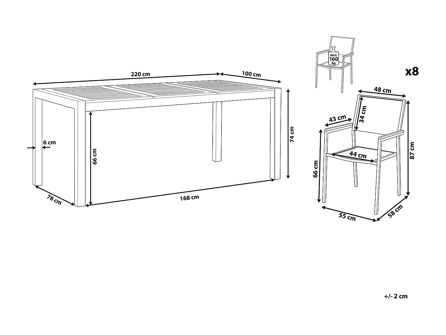 Modernes Gartenmöbel Set Tisch 220 cm Eukalyptusholz 8 Stühle in Weiß Grosseto