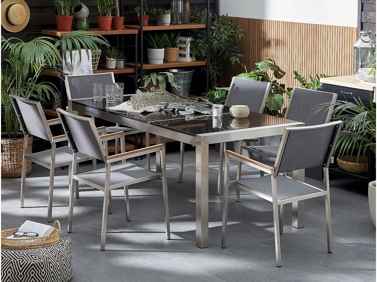 Salle à manger de jardin 6 places GROSSETO Triple plaque Granit Poli Gris/noir