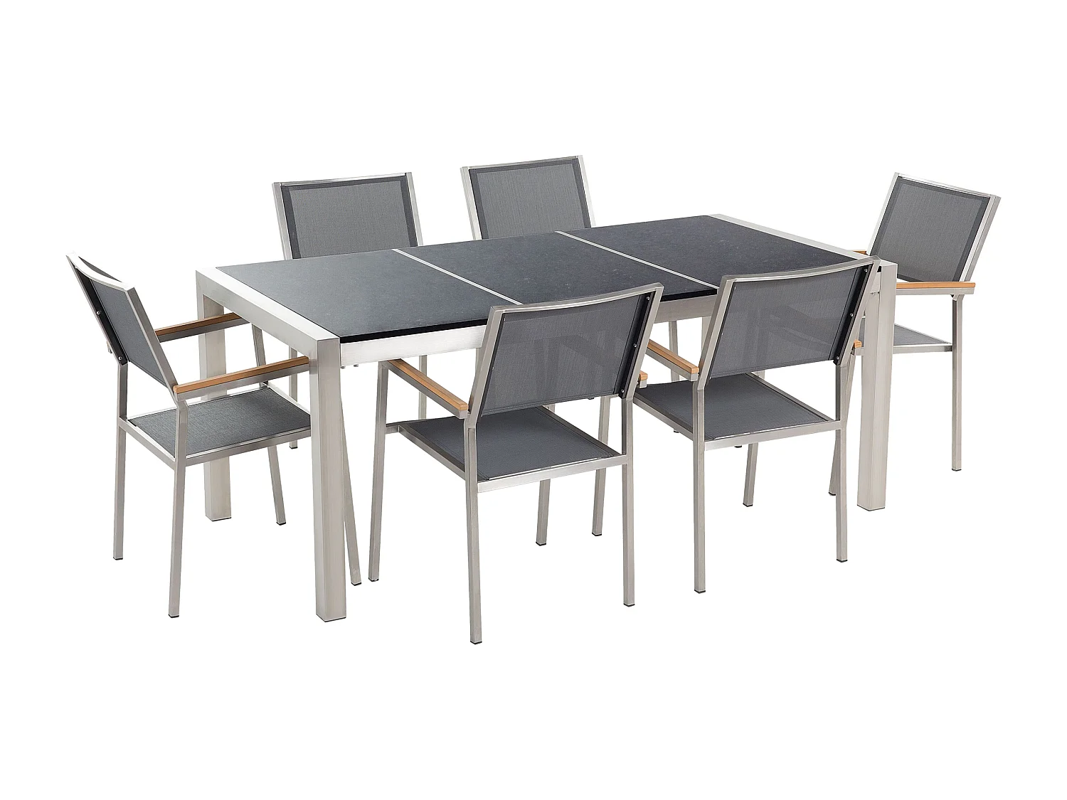 Salle à manger de jardin 6 places GROSSETO Triple plaque Granit Poli Gris/noir