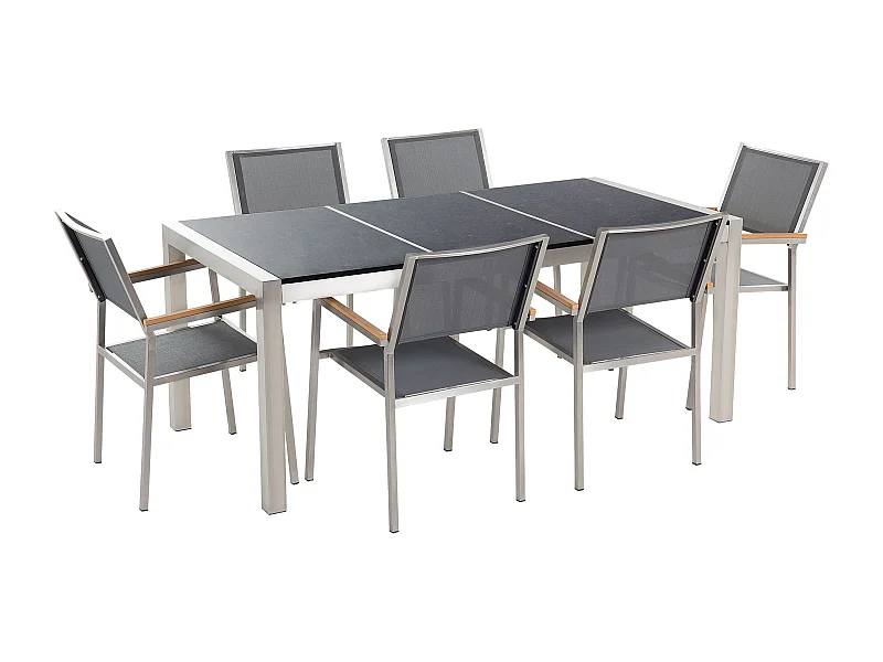 Salle à manger de jardin 6 places GROSSETO Triple plaque Granit Poli Gris/noir