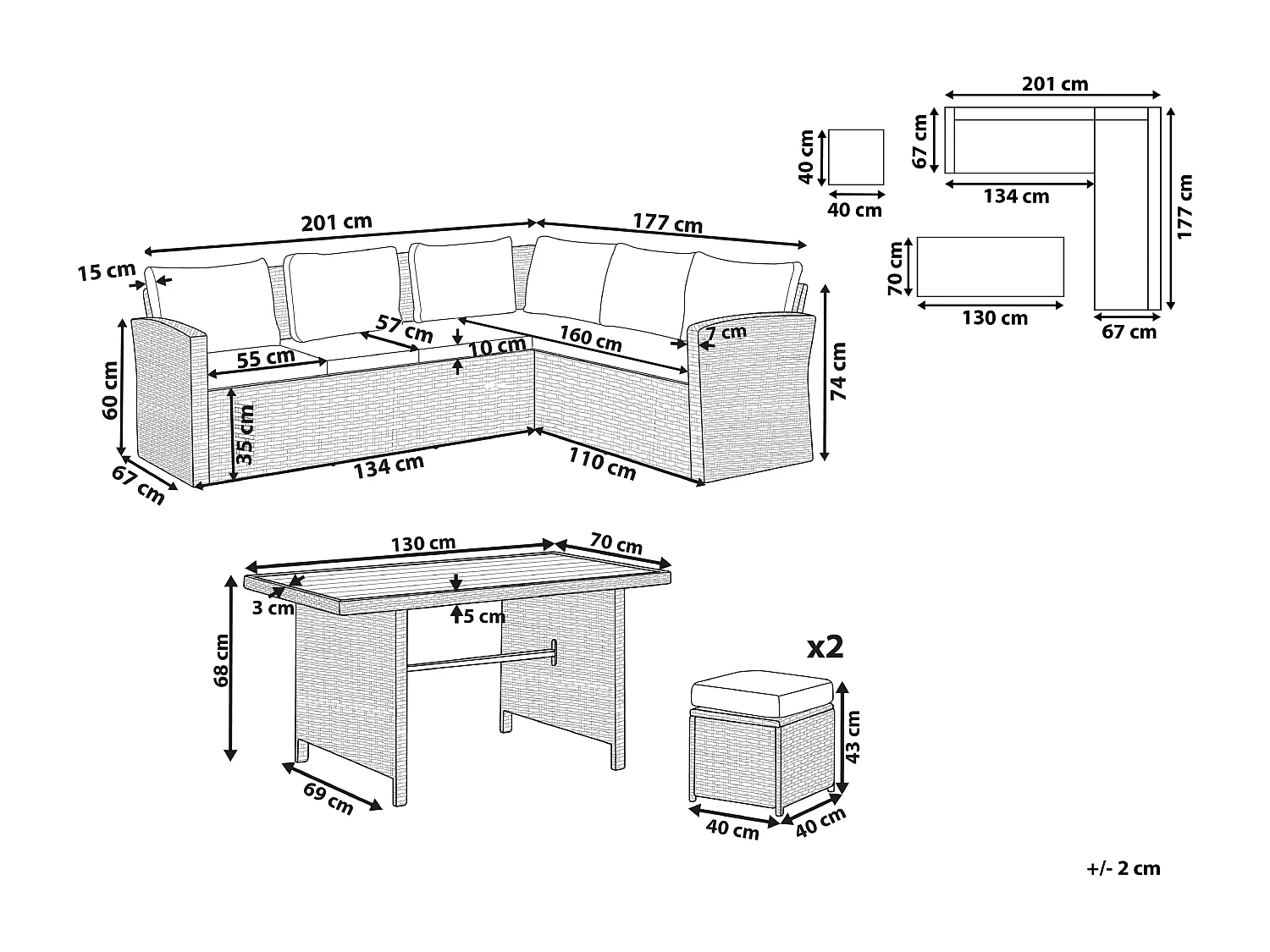 Loungeset met tafel en ottomaan 5-zitter BARDI met kussens Bruin