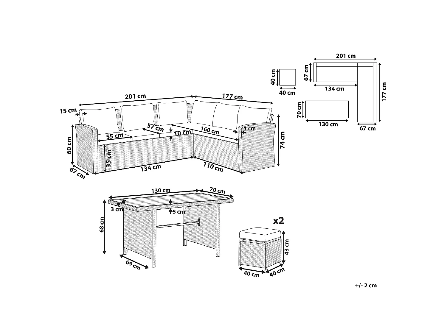 Ensemble de salon de jardin avec table et ottoman 5 places BARDI avec coussins Marron