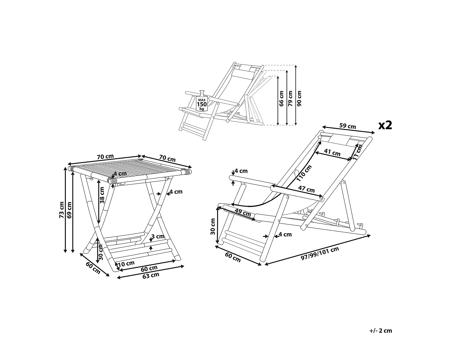 Balkonset 2 Liegestühle 1 Tisch Bambusholz cremeweiße Textilbespannung Atrani / Molise